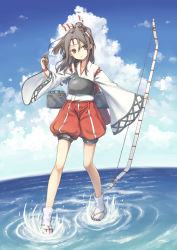 Rule 34 | 104 (luins104), 1girl, arm up, bare legs, blue sky, bow (weapon), brown eyes, brown hair, full body, hair ribbon, headband, high ponytail, highres, japanese clothes, kantai collection, kimono, long sleeves, ocean, ribbon, robe, sandals, sidelocks, sky, solo, standing, water, weapon, wide sleeves, zuihou (kancolle)