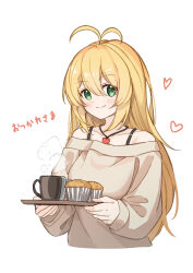 Rule 34 | 1girl, absurdres, alternate costume, antenna hair, blonde hair, blush, brown sweater, closed mouth, coffee, coffee mug, collarbone, commentary request, cropped torso, cup, food, green eyes, heart, highres, holding, holding tray, hymgkamui, jewelry, long sleeves, looking at viewer, muffin, mug, off-shoulder sweater, off shoulder, pendant, plectrum, smile, solo, spaghetti strap, steam, sweater, translation request, tray, tsurumaki maki, voiceroid