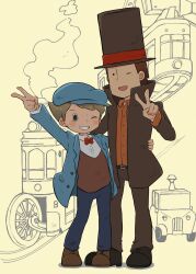 Rule 34 | 2boys, arm up, belt, black eyes, blue headwear, blue jacket, blush, bow, bowtie, brown belt, brown footwear, brown hair, brown headwear, brown jacket, brown pants, cabbie hat, car, collared shirt, commentary request, full body, grin, hand on another&#039;s waist, hand up, hat, hershel layton, high collar, highres, jacket, kiwami (kiwamimuneko), long sleeves, looking at viewer, luke triton, male focus, motor vehicle, multiple boys, one eye closed, open clothes, open jacket, open mouth, orange shirt, pants, professor layton, red bow, red bowtie, shirt, shoes, short hair, smile, standing, teeth, top hat, train, v, white shirt