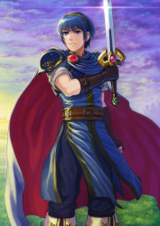 Rule 34 | 1boy, bad id, bad pixiv id, belt, blue eyes, blue hair, brown gloves, cloud, cloudy sky, cowboy shot, fire emblem, fire emblem: mystery of the emblem, gloves, goma (goma-folio), holding, holding sword, holding weapon, male focus, marth (fire emblem), matching hair/eyes, nintendo, pants, serious, shirt, sky, solo, sword, tiara, weapon