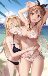 Rule 34 | 2girls, ;d, armpits, arms up, atelier (series), atelier ryza, atelier ryza 1, bare shoulders, basil (st 1), beach, bikini, black ribbon, blonde hair, blue bikini, blue sky, blush, braid, breasts, brown eyes, brown hair, cleavage, cloud, collarbone, day, fang, floral print, hair ornament, hair ribbon, hairband, hairclip, highres, hug, jewelry, klaudia valentz, large breasts, long hair, looking at viewer, multiple girls, navel, necklace, ocean, one eye closed, open mouth, outdoors, pink bikini, reisalin stout, ribbon, sand, short hair, sidelocks, skin fang, sky, smile, star (symbol), star necklace, stomach, swimsuit, thighs, wet