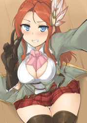 Rule 34 | 10s, 1girl, belt, black thighhighs, blue eyes, breasts, carren (granblue fantasy), cleavage, female focus, gloves, granblue fantasy, grin, karen (granblue fantasy), large breasts, long hair, looking at viewer, momio, plaid, plaid skirt, raised eyebrow, reaching, reaching towards viewer, red hair, selfie, skirt, smile, solo, thighhighs, thighs, v
