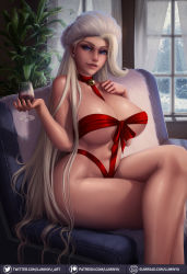 Rule 34 | 1girl, alcohol, bell, blue eyes, breasts, creatures (company), crossed legs, cup, curvy, drinking glass, earrings, female focus, game freak, glass, highres, jewelry, large breasts, long hair, looking at viewer, luminyu, mature female, melony (pokemon), nintendo, pinup (style), pokemon, pokemon swsh, sitting, smile, solo, thick thighs, thighs, very long hair, white hair, wide hips, wine, wine glass