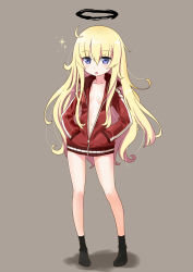 Rule 34 | 10s, 1girl, :o, black halo, black legwear, blonde hair, blue eyes, blush, breasts, dark halo, full body, gabriel dropout, gabriel tenma white, halo, hands in pockets, jacket, katahira masashi, long hair, long sleeves, looking at viewer, naked jacket, navel, no shoes, open mouth, simple background, small breasts, solo, sparkle, standing, track jacket, very long hair