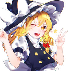 Rule 34 | + +, 1girl, :d, bad id, bad pixiv id, black vest, blouse, blush, bow, braid, buttons, clenched hand, commentary request, curly hair, double-breasted, frilled hat, frills, hair between eyes, hair bow, hands up, happy, hat, hat bow, jill 07km, kirisame marisa, looking at viewer, open mouth, puffy short sleeves, puffy sleeves, red bow, shirt, short sleeves, signature, single braid, smile, solo, star-shaped pupils, star (sky), star (symbol), symbol-shaped pupils, touhou, upper body, v, vest, white bow, white shirt, witch, witch hat