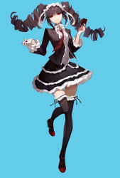 Rule 34 | 1girl, ace (playing card), ace of hearts, black hair, black jacket, black ribbon, black skirt, black thighhighs, blue background, card, celestia ludenberg, closed mouth, danganronpa: trigger happy havoc, danganronpa (series), dress shirt, drill hair, floating hair, frilled skirt, frills, full body, gothic lolita, hairband, heart, high heels, highres, holding, holding card, jacket, kuza brs, layered skirt, lolita fashion, lolita hairband, long hair, long sleeves, looking at viewer, miniskirt, necktie, open clothes, open jacket, playing card, print necktie, print neckwear, pumps, red eyes, red footwear, red necktie, ribbon, shirt, simple background, skirt, smile, solo, standing, thigh gap, thighhighs, twin drills, very long hair, white shirt, zettai ryouiki