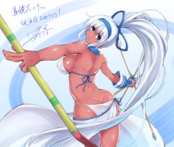 Rule 34 | 1girl, arrow (projectile), ass, bare shoulders, bikini, blue eyes, bow (weapon), breasts, butt crack, c.r., covered erect nipples, cowboy shot, dark-skinned female, dark skin, gloves, hairband, happy birthday, high ponytail, holding, holding weapon, long hair, looking at viewer, looking back, majikina mina, panties, parted lips, partially fingerless gloves, partly fingerless gloves, revealing clothes, rope, samurai spirits, sarong, sideboob, silver hair, snk, solo, swimsuit, translated, underwear, very long hair, weapon, white bikini, white panties, yugake