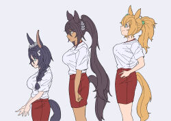 3girls absurdres animal_ears black-framed_eyewear black_hair blue_eyes braid braided_ponytail breasts brown_hair clothing_cutout crown_braid dark-skinned_female dark_skin from_side glasses grey_background hair_ornament hair_over_shoulder highres horse_ears horse_girl horse_tail large_breasts long_hair multiple_girls obushideian ponytail red_shorts shirt shorts simple_background smile standing star_(symbol) star_hair_ornament symboli_kris_s_(umamusume) taiki_shuttle_(umamusume) tail tail_through_clothes tracen_training_uniform umamusume white_shirt zenno_rob_roy_(umamusume)