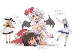 Rule 34 | 4girls, annoyed, apron, black eyes, blonde hair, bobby socks, bow, braid, brown hair, detached sleeves, fang, female focus, hair bow, hakurei reimu, hand up, hat, izayoi sakuya, japanese clothes, kirisame marisa, large bow, long hair, looking back, looking down, lying, maid, maid apron, miko, multiple girls, nervous, pinzu, red eyes, remilia scarlet, short hair, side braid, silver hair, slit pupils, smirk, socks, touhou, translated, white background, wings, witch, witch hat, wrist cuffs, you gonna get raped