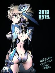 Rule 34 | 1girl, android, armor, ass, ass cutout, back, backless outfit, blonde hair, blue eyes, breasts, butt crack, clothing cutout, cyborg, fiora (xenoblade), from behind, green eyes, looking at viewer, looking back, mecha-fiora, mecha-fiora (speed cowling), nintendo, sasaki tomomi, short hair, simple background, solo, spoilers, thighhighs, xenoblade chronicles (series), xenoblade chronicles 1
