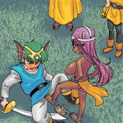 Rule 34 | 1boy, 3girls, alena (dq4), anklet, barefoot, blouse, blush, breasts, chunsoft, circlet, dark-skinned female, dark skin, dragon quest, dragon quest iv, dress, enix, feet, femdom, footjob, hands on own hips, hero (dq4), jewelry, large breasts, loincloth, long hair, lowres, manya (dq4), minea (dq4), multiple girls, oekaki, pants, pants tucked in, pantyhose, pelvic curtain, penis, purple hair, sandals, shirt, spread legs, sword, thigh strap, toes, topless, trample, weapon, white shirt