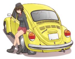 Rule 34 | 10s, 1girl, ankle boots, black footwear, black hat, black jacket, black socks, boots, brown eyes, brown hair, car, closed mouth, commentary request, dress shirt, garrison cap, girls und panzer, hat, jacket, kuromorimine military uniform, leaning against vehicle, long sleeves, looking at viewer, military, military hat, military uniform, miniskirt, motor vehicle, nishizumi maho, pleated skirt, red shirt, red skirt, shadow, shirt, short hair, simple background, skirt, smile, socks, solo, standing, uniform, uona telepin, vehicle focus, volkswagen beetle, white background