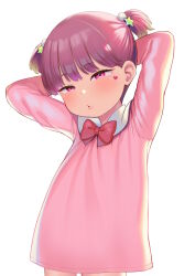 Rule 34 | 1girl, absurdres, arms behind head, arms up, atg (wttoo0202), blush, bow, child, collared dress, commentary request, dress, facial mark, hair ornament, half-closed eyes, heart, highres, kindergarten uniform, long sleeves, looking at viewer, original, parted lips, pink dress, purple eyes, purple hair, red bow, short twintails, simple background, solo, star (symbol), star hair ornament, twintails, white background