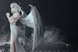 Rule 34 | 1girl, armlet, bare shoulders, bone, bone tail, commentary, crying, crying with eyes open, dragon girl, dress, english commentary, feathered wings, fingernails, from side, gradient background, grey eyes, highres, looking at viewer, looking to the side, original, own hands together, parted lips, pointy ears, sharp fingernails, short hair, solo, sunmoony, tears, white dress, white hair, white nails, white wings, wings