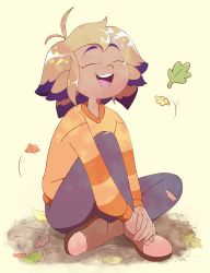 Rule 34 | 1girl, black pants, brown footwear, closed eyes, full body, highres, honneibun, leaf, long sleeves, open mouth, orange shirt, pants, shadow, shirt, shoes, sitting, smile, solo, the owl house, torn clothes, torn pants, vee (the owl house), yellow background
