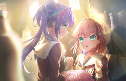 Rule 34 | 2girls, :o, aqua neckerchief, blurry, blurry background, blurry foreground, brick wall, brown dress, cerise bouquet, dress, eye contact, face-to-face, game cg, green eyes, hair bun, hair ornament, hasu no sora school uniform, highres, hinoshita kaho, holding, holding clothes, holding dress, holding hands, interlocked fingers, link! like! love live!, long hair, long sleeves, looking at another, love live!, mannequin, medium hair, multiple girls, neckerchief, official art, open mouth, orange hair, otomune kozue, picture frame, pink dress, purple hair, rabbit hair ornament, red neckerchief, sailor collar, school uniform, side ponytail, sidelocks, single side bun, storage room, teeth, third-party source, trophy, unworn dress, upper teeth only, white sailor collar, window, winter uniform