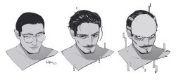 Rule 34 | 1boy, artist name, black hair, cropped shoulders, facial hair, glasses, goatee, golden kamuy, h4tter, highres, looking at viewer, male focus, metal plate, mustache, portrait, progression, round eyewear, short hair, simple background, smile, tsurumi tokushirou, variations, white background