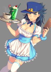 Rule 34 | 1boy, 1girl, :d, alternate costume, apron, black hair, blue hair, blue hat, blush, breasts, cherry, cherry earrings, cleavage, closed mouth, cup, detached collar, drinking glass, drinking straw, dutch angle, earrings, embarrassed, enmaided, food, food-themed earrings, food themed earrings, fruit, genderswap, genderswap (mtf), green eyes, grey background, hat, highres, holding, jewelry, jojo no kimyou na bouken, kakyoin noriaki, kotatsu (g-rough), kuujou joutarou, large breasts, long hair, maid, menu, mini person, miniboy, open mouth, peaked cap, puffy short sleeves, puffy sleeves, red eyes, red hair, scrunchie, short sleeves, simple background, skindentation, smile, solo focus, spoon, standing, thighhighs, tray, waist apron, waitress, white thighhighs, wrist scrunchie, zettai ryouiki