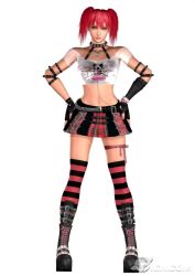 Rule 34 | 1girl, 3d, belt, boots, candy cane (rumble roses), choker, collar, crop top, fingerless gloves, gloves, hands on own hips, highres, laceups, looking at viewer, midriff, miniskirt, red hair, rumble roses, simple background, skirt, solo, spiked collar, spikes, standing, strap, super star, thighhighs, twintails, white background, zettai ryouiki
