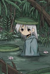 Rule 34 | 1girl, absurdres, brown eyes, flower, highres, jungle, kishimen udn, lily pad, lily pad on head, long hair, nature, original, outdoors, partially submerged, solo, tree, wading, water, white hair