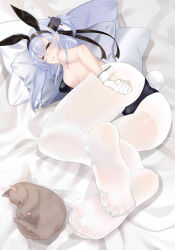 Rule 34 | 1girl, absurdres, animal ears, ass, blush, cat, fake animal ears, feet, highres, kantai collection, leotard, licking lips, long hair, looking at viewer, pantyhose, pillow, rabbit ears, soles, suzutsuki (kancolle), toes, tongue, tongue out, white pantyhose