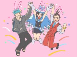 Rule 34 | 1girl, 2boys, ace attorney, animal ears, antenna hair, apollo justice, apollo justice: ace attorney, arms up, bag, black hair, blue headwear, blue necktie, boots, bracelet, brown eyes, brown hair, cape, chinese zodiac, closed mouth, dress, formal, full body, gloves, hat, holding hands, hood, hoodie, jewelry, jumping, lcageki, magician, multiple boys, necktie, open mouth, pants, phoenix wright, rabbit ears, scarf, shirt, short hair, smile, suit, top hat, trucy wright, vest, white gloves, year of the rabbit
