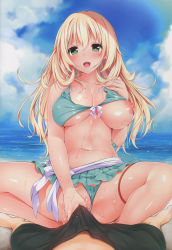 Rule 34 | 10s, 1boy, 1girl, :d, absurdres, aqua bikini, atago (kancolle), beach, bikini, bikini bottom aside, bikini top lift, blonde hair, blush, breast slip, breasts, clothes lift, clothing aside, day, green eyes, hetero, highres, kantai collection, large breasts, long hair, looking at viewer, navel, nipples, nironiro, one breast out, open mouth, scan, sky, smile, solo focus, spread legs, swimsuit, swimsuit aside