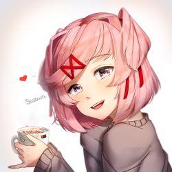 Rule 34 | 1girl, :d, artist request, commentary, cup, doki doki literature club, english commentary, from side, hair ornament, hair ribbon, hairclip, heart, highres, holding, holding cup, looking at viewer, looking to the side, nail polish, natsuki (doki doki literature club), open mouth, pink eyes, pink hair, pink nails, pinky out, red ribbon, ribbon, sasoura, short hair, simple background, smile, solo, two side up
