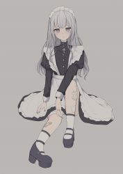 Rule 34 | 1girl, apron, bad id, bad twitter id, bandaid, bandaid on leg, black dress, black footwear, blue nails, blush, closed mouth, commentary request, cross, cross necklace, dress, eyebrows hidden by hair, frilled apron, frills, full body, grey background, grey eyes, grey hair, highres, jewelry, juliet sleeves, knee up, latin cross, long hair, long sleeves, looking at viewer, maid, maid headdress, mary janes, nail polish, necklace, original, platform footwear, puffy sleeves, shoes, simple background, sitting, socks, solo, tsuruse, very long hair, white apron, white socks