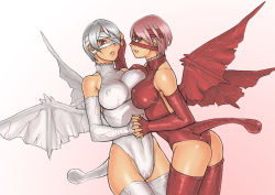 Rule 34 | 23 (real xxiii), 2girls, ass, asymmetrical docking, bandage over one eye, bandages, bare shoulders, breast press, breasts, capcom, covered erect nipples, covered navel, demon girl, elbow gloves, fingerless gloves, from side, gloves, gradient background, groin, halterneck, hand on another&#039;s cheek, hand on another&#039;s face, highleg, highleg leotard, holding hands, incest, interlocked fingers, khezu, lace, large breasts, leaning forward, leotard, looking at viewer, monster hunter (series), multiple girls, parted lips, personification, pink eyes, pink hair, profile, red eyes, red gloves, red khezu, red legwear, red leotard, short hair, siblings, sisters, tail, thighhighs, turtleneck, twincest, twins, white gloves, white hair, white legwear, white leotard, wings