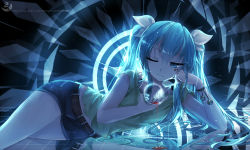 Rule 34 | 1girl, bell, belt, blue background, blue theme, bracelet, cup, drinking glass, facial tattoo, hair between eyes, hair ribbon, hatsune miku, highres, jewelry, jingle bell, long hair, lying, number tattoo, on side, one eye closed, qys3, ribbon, shorts, solo, tattoo, vocaloid, wine glass, wink