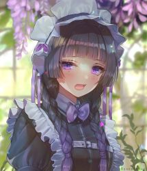 Rule 34 | 1girl, bad id, bad twitter id, black dress, black hair, blunt bangs, blush, bow, braid, commentary, copyright request, dress, fang, flower, gradient hair, hair over shoulder, hair ribbon, hairband, hanato (seonoaiko), highres, juliet sleeves, long hair, long sleeves, looking at viewer, mole, mole under eye, multicolored hair, open mouth, plant, puffy sleeves, purple bow, purple eyes, purple hair, purple ribbon, ribbon, skin fang, solo, symbol-only commentary, twin braids, twintails, twitter username, upper body, white flower