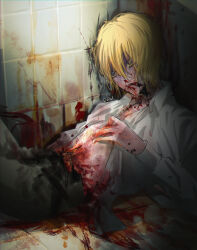 Rule 34 | 1boy, artist name, blonde hair, blood, blood from mouth, blood on clothes, blood on face, blood on ground, blood on hands, blood splatter, blue eyes, collared shirt, commentary request, ddu 45, death, dress shirt, guro, hair between eyes, highres, injury, kamiki hikaru, korean commentary, long sleeves, male focus, murder, open clothes, open shirt, oshi no ko, shirt, short hair, solo, tiles, white shirt