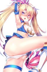 Rule 34 | 1girl, adapted costume, arm up, armpits, bikini, bikini top only, blonde hair, blue eyes, blush, boots, bradamante (fate), bradamante (third ascension) (fate), braid, cheerleader, crown braid, elbow gloves, fate/grand order, fate (series), gloves, highres, miniskirt, open mouth, panties, pom pom (cheerleading), silly (marinkomoe), simple background, skirt, solo, swimsuit, twintails, underwear, white background