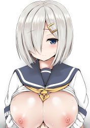Rule 34 | 10s, 1girl, blue eyes, blush, breasts, clothes lift, gloves, hair ornament, hair over one eye, hairclip, hamakaze (kancolle), highres, kantai collection, large breasts, looking at viewer, mitsukazu (nijigen complex), nipples, school uniform, serafuku, shirt lift, short hair, silver hair, solo, sweat, white gloves