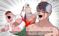 Rule 34 | 1girl, 2boys, aqua hair, black hair, blood, blood splatter, blush, breasts, brown hair, brynhildr (fate), cleft chin, closed eyes, collared shirt, double chin, english text, family guy, fat, fat man, fate/grand order, fate/prototype, fate (series), glasses, green pants, highres, holding, holding knife, injury, knife, kowai (iamkowai), large breasts, lipstick mark, long hair, multicolored hair, multiple boys, open mouth, pants, peter griffin, round eyewear, running, shirt, short hair, sigurd (fate), subtitled, unbuttoned, very short hair, white hair, white shirt