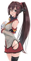 Rule 34 | 10s, 1girl, absurdres, asymmetrical legwear, bespectacled, book, breasts, brown eyes, brown hair, collar, commentary, detached sleeves, eyebrows, from side, glasses, hair between eyes, headgear, highres, kantai collection, long hair, looking at viewer, nao (qqqbb), open mouth, ponytail, red skirt, simple background, skirt, sleeves past wrists, solo, uneven legwear, very long hair, very long sleeves, white background, yamato (kancolle)