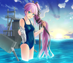 Rule 34 | 10s, 1girl, aqua eyes, covered navel, hair ribbon, head tilt, kantai collection, long hair, looking at viewer, machinery, ocean, one-piece swimsuit, open mouth, purple hair, ribbon, school swimsuit, side ponytail, solo, swimsuit, tks (526tks), turret, very long hair, wading, water, yura (kancolle)