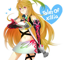 Rule 34 | 1girl, blonde hair, choker, female focus, gloves, long hair, midriff, milla maxwell, multicolored hair, navel, red eyes, skirt, solo, sword, tales of (series), tales of xillia, weapon, white background