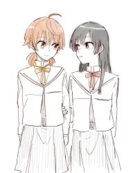 Rule 34 | 2girls, alternate height, black hair, blush, brown eyes, closed mouth, commentary request, hand on another&#039;s arm, highres, koito yuu, long hair, long sleeves, looking at another, multiple girls, nanami touko, neck ribbon, nyamo, orange hair, red ribbon, ribbon, sailor collar, school uniform, short twintails, simple background, smile, tohmi higashi high school uniform, twintails, white background, yagate kimi ni naru, yellow ribbon