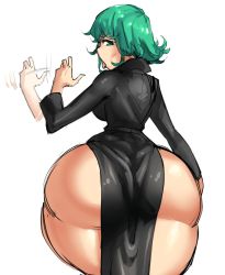 Rule 34 | 1girl, afterimage, ass, black dress, borvar, breasts, curly hair, dress, fellatio gesture, highres, huge ass, large breasts, looking at viewer, looking back, motion lines, no panties, one-punch man, open mouth, short hair, sideboob, solo, tatsumaki, thick thighs, thighs, tongue, tongue out, white background, wide hips