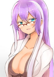 Rule 34 | 1girl, absurdres, blue eyes, blush, breasts, cleavage, coat, collarbone, glasses, hair between eyes, highres, isabelle (shadowverse), lab coat, large breasts, long hair, looking at viewer, multicolored hair, open clothes, open coat, parted lips, purple hair, red-framed eyewear, semi-rimless eyewear, shadowverse, shibakame, simple background, smile, solo, two-tone hair, upper body, white background, white hair