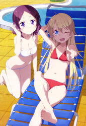 Rule 34 | 10s, 2girls, ;d, absurdres, arm behind head, barefoot, bikini, blonde hair, blue eyes, blush, breast cutout, breasts, chair, cleavage, cleavage cutout, clothing cutout, day, feet, flat chest, highres, kneeling, long hair, looking at viewer, lounge chair, medium breasts, multiple girls, navel, new game!, nyantype, official art, one eye closed, open mouth, outdoors, pool, purple eyes, purple hair, red bikini, short hair, sitting, small breasts, smile, soles, swimsuit, tile floor, tiles, toes, tooyama rin, v, water, white bikini, yagami kou