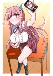 Rule 34 | 1girl, absurdres, akitokage, black socks, blush, breasts, bursting breasts, button gap, cellphone, cellphone photo, cleavage, collared shirt, fate/grand order, fate (series), heart, highres, kneehighs, large breasts, long hair, medb (fate), one eye closed, phone, pink hair, plaid, plaid skirt, red skirt, selfie, shirt, short sleeves, skirt, socks, solo, thighs, tiara, v, white shirt, yellow eyes