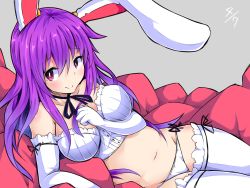 Rule 34 | 1girl, alternate costume, animal ears, bare shoulders, black ribbon, blush, breasts, bustier, collarbone, dated, elbow gloves, gloves, groin, highres, ishimu, large breasts, looking at viewer, lying, navel, neck ribbon, on side, panties, pillow, purple hair, rabbit ears, red eyes, reisen udongein inaba, ribbon, side-tie panties, smile, solo, thighhighs, touhou, underwear, white gloves, white panties, white thighhighs