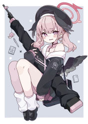 Rule 34 | 1girl, bag, beret, blue archive, blush, collarbone, commentary request, gun, halo, hat, head wings, highres, koharu (blue archive), manga (object), pen, pink eyes, pink hair, rifle, school uniform, short twintails, simple background, solo, twintails, weapon, winged hat, wings, yoshida makura