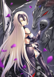 Rule 34 | 1girl, amor, armored boots, black bra, black gloves, boots, bra, elbow gloves, fate/grand order, fate (series), floating hair, from behind, fur trim, gloves, grin, highres, holding, holding skull, jeanne d&#039;arc (fate), jeanne d&#039;arc alter (avenger) (fate), jeanne d&#039;arc alter (avenger) (third ascension) (fate), jeanne d&#039;arc alter (fate), long hair, looking at viewer, looking back, night, outdoors, parted lips, petals, shenhai (2556146833), signature, silver hair, sitting, skull, smile, solo, thigh boots, thighhighs, underwear, very long hair, yellow eyes