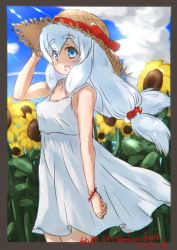 Rule 34 | 1girl, :d, bare arms, bare shoulders, blue eyes, blue sky, border, bracelet, cloud, commentary request, dated, day, dress, eromanga sensei, flower, hand on headwear, hand up, hat, hat ribbon, highres, izumi sagiri, jewelry, long hair, looking at viewer, low-tied long hair, nakashi masakumi, open mouth, outdoors, red ribbon, ribbon, signature, sky, sleeveless, sleeveless dress, smile, solo, sun hat, sunflower, thick eyebrows, twitter username, white dress, white hair