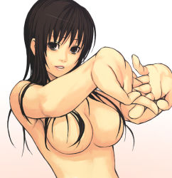 Rule 34 | 1girl, bad id, bad pixiv id, breasts, brown eyes, brown hair, censored, convenient censoring, hair censor, hair over breasts, large breasts, long hair, nude, original, solo, stretching, yuuji (and)