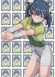 Rule 34 | 1girl, bandaged arm, bandages, blue hair, character name, closed mouth, collared shirt, green shirt, hair between eyes, hair ornament, highres, interlocked fingers, ji-yoon (jourd4n), jourd4n, looking at viewer, original, outstretched arms, red eyes, shirt, short shorts, short sleeves, shorts, skull hair ornament, solo, twintails, white shorts